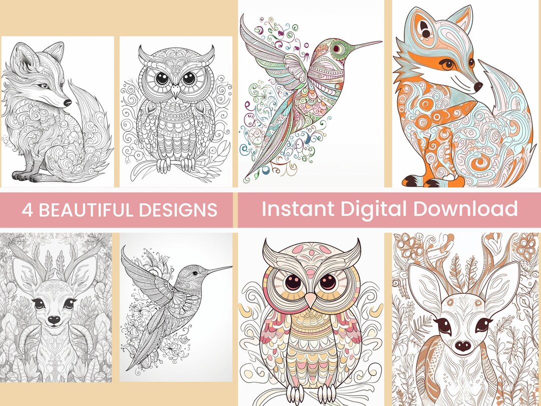 Cute Animal Adult Coloring Page 4 Digital Download Grayscale - Etsy