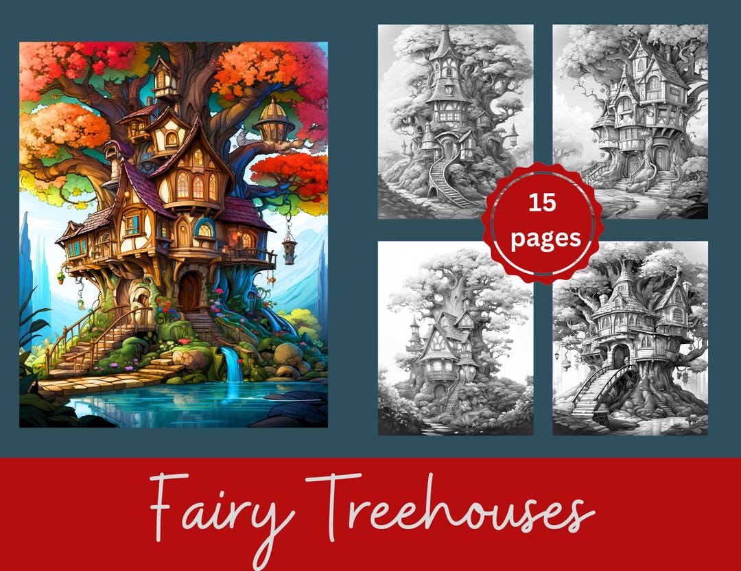 Fairy Treehouses Adult Coloring Page, 15 Digital Downloads, Grayscale ...