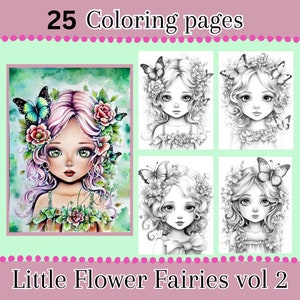 Pages de coloriage Little Flower Fairies, 25 téléchargements numériques, belles feuilles de coloriage de portrait, PDF imprimable, pages de coloriage fantastiques pour adultes