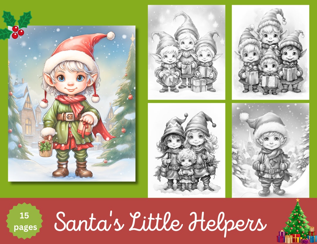 Santa's Little Helpers Adult Coloring Pages, 15 Digital Downloads ...