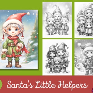 Santa's Little Helpers Adult Coloring Pages, 15 Digital Downloads, Grayscale Coloring Sheets, Printable PDF, Christmas Coloring Page, Elves