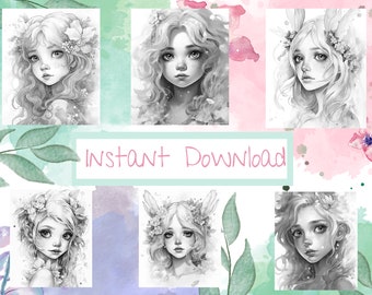 Watercolor Cute Fairies Adult Coloring Page 10 Digital Download Grayscale Coloring Sheets