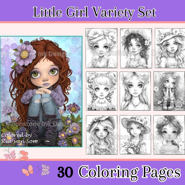 Little Girl Variety Pack Coloring Pages, 30 Digital Downloads, Beautiful Portraits, Digital Coloring Sheets, Adult Coloring Book, Procreate