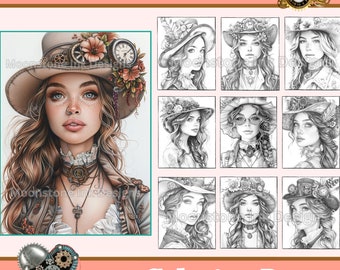 Steampunk Fashions Coloring Pages, 28 Digital Downloads, Beautiful Portraits Digital Coloring Sheets, Adult Coloring Book, Fantasy Coloring