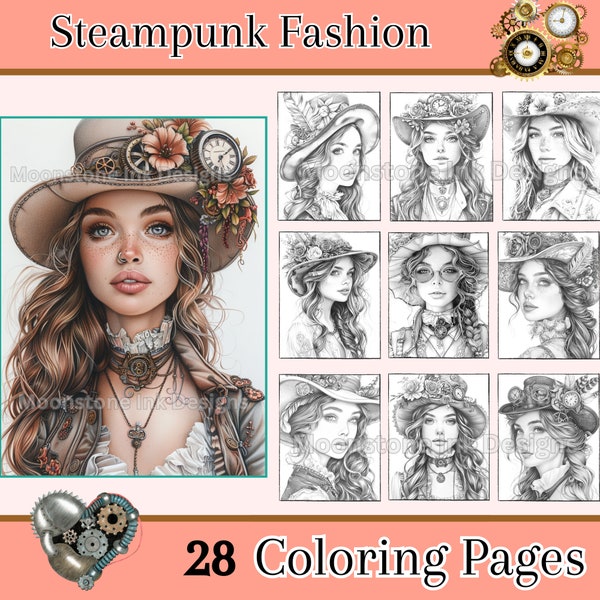 Steampunk Fashions Coloring Pages, 28 Digital Downloads, Beautiful Portraits Digital Coloring Sheets, Adult Coloring Book, Fantasy Coloring