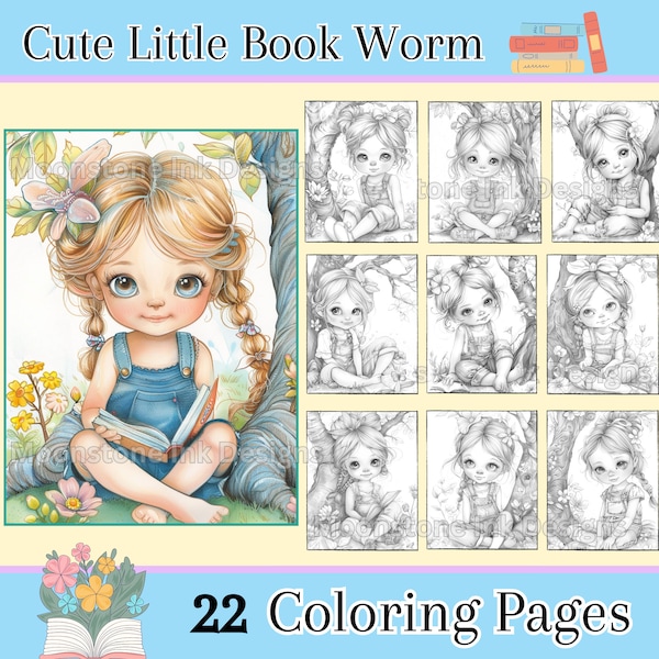 Cute Little Book Worm Coloring Pages,22 Digital Downloads, Beautiful Portraits Digital Coloring, Adult Coloring Book, Fantasy Coloring Pages