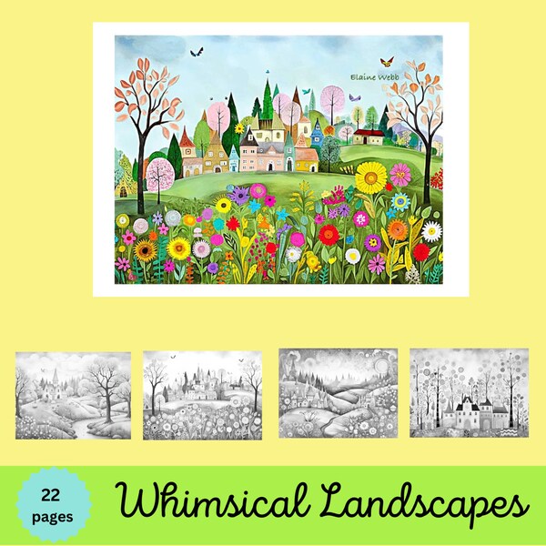 Whimsical Landscapes Adult Coloring Pages, 22 Digital Downloads, Beautiful Landscape Coloring Sheets, Printable PDF, Fantasy Coloring Pages