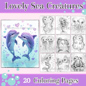 Lovely Sea Creatures Coloring Pages, 20 Digital Downloads, Beautiful Portraits Digital Coloring, Adult Coloring Book, Fantasy Coloring Pages