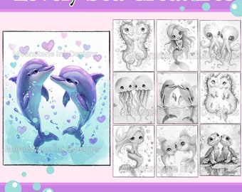 Belle creature marine da colorare, 20 download digitali, bellissimi ritratti da colorare digitale, libro da colorare per adulti, pagine da colorare fantasy
