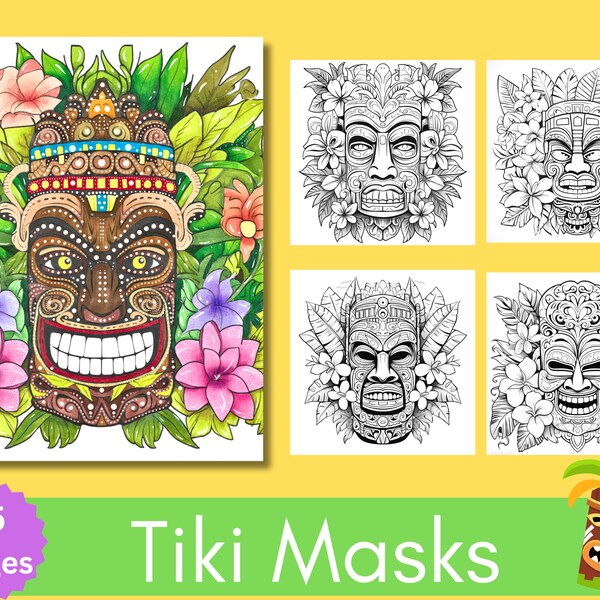 Tiki Masks Adult Coloring Pages, 15 Digital Downloads, Line Art Coloring Sheets, Printable PDF, Fantasy Coloring Page