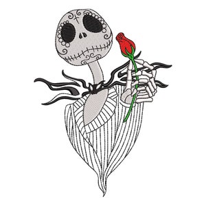 May include: A black and white illustration of a skeleton holding a red rose. The skeleton has a skull with a stitched mouth and a striped shirt.