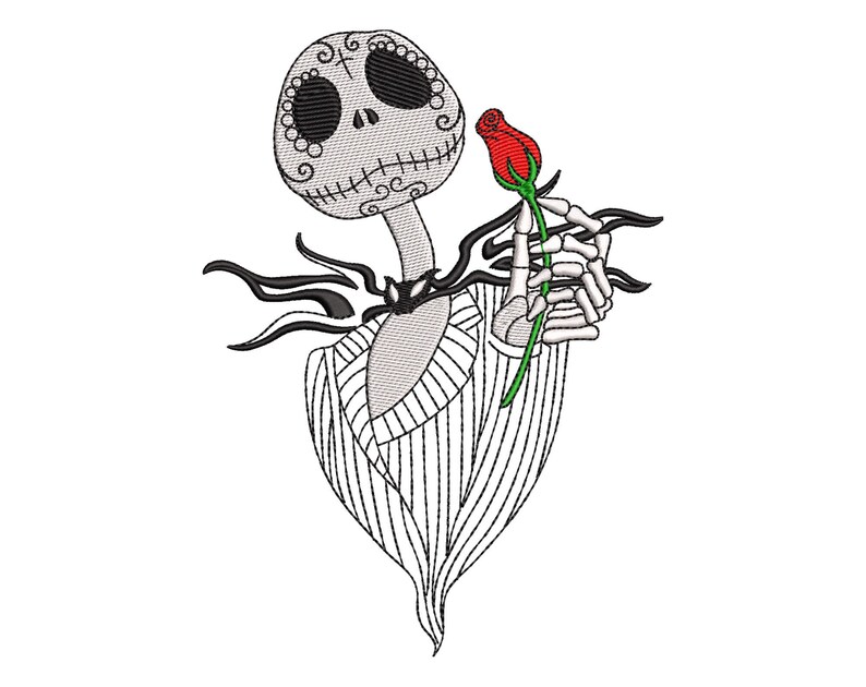 May include: A black and white illustration of a skeleton holding a red rose. The skeleton has a skull with a stitched mouth and a striped shirt.