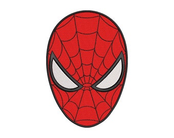 May include: Red and black embroidered patch of a superhero's mask with a spider web design.