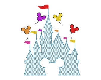 Peut inclure: Un château bleu avec une silhouette de Mickey Mouse à l'avant. Il y a cinq ballons Mickey Mouse colorés avec des drapeaux flottant autour du château.