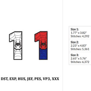 May include: A digital embroidery design of the number 1 with a spider web and spider design. The design is available in three sizes: 1.77 inches by 3.82 inches, 2.23 inches by 4.83 inches, and 2.65 inches by 5.76 inches. The design is available in the following formats: ART, DST, EXP, HUS, JEF, PES, VP3, and XXX.