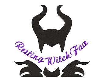 Op de afbeelding: Zwarte silhouet van een heksen gezicht met hoorns en een paarse tekst overlay die "Resting Witch Face" zegt.
