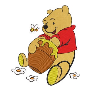 May include: A cartoon Winnie the Pooh bear wearing a red shirt holds a honey pot with dripping honey. A small bee flies nearby. The background is white.
