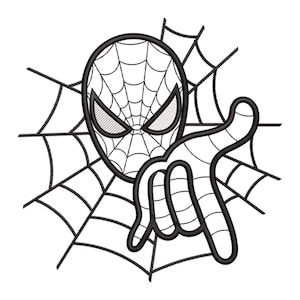 May include: Black and white line art illustration of a superhero's face with a spider web design and a hand making a pointing gesture. The superhero's face is surrounded by a spider web.