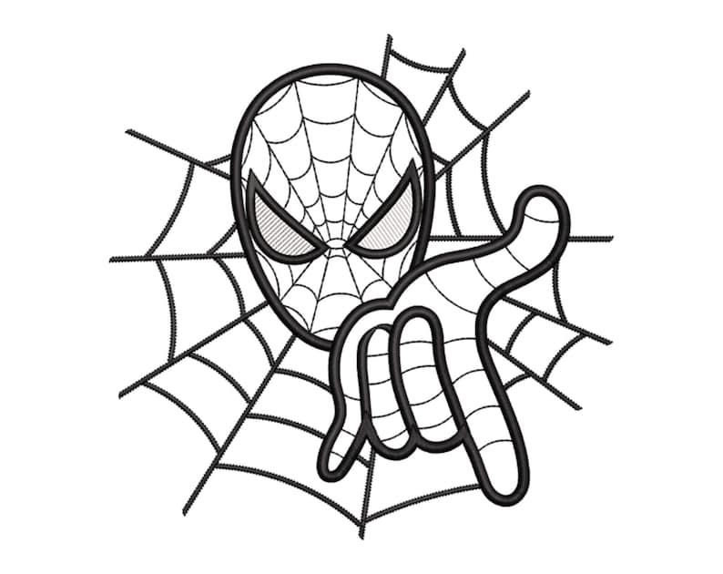 May include: Black and white line art illustration of a superhero's face with a spider web design and a hand making a pointing gesture. The superhero's face is surrounded by a spider web.