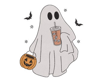 Spooky Coffee Embroidery Design, Cute Ghost with Iced Coffee Embroidery Design, Halloween Embroidery Design, 3 sizes, Instant Download