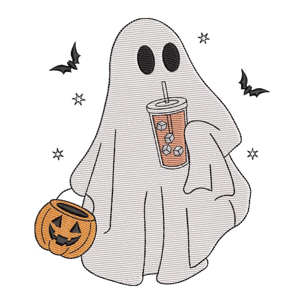 Spooky Coffee Embroidery Design, Cute Ghost with Iced Coffee Embroidery Design, Halloween Embroidery Design, 3 sizes, Instant Download