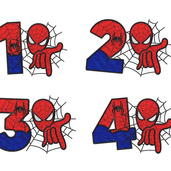 Superheld Applikation Stickerei Design, Spinne Geburtstag Zahlen, Zahlen Maschinen Embroidery Design, Spider Superheld gestickte Design-Dateien