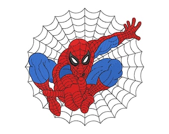 May include: Embroidered image of Spider-Man in a dynamic pose, set against a white background. The superhero is depicted in his classic red and blue suit, with a black spiderweb design. The image is a detailed, stitched design.
