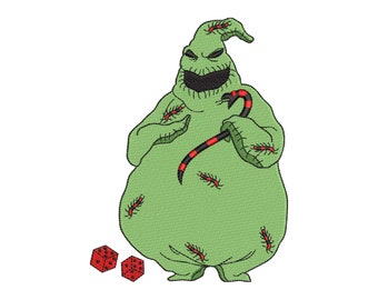 Op de afbeelding: Een groen, cartoonachtig monster met een tandenrij, dat een rode en zwarte stok vasthoudt. Het monster is bedekt met rode en zwarte beestjes. Twee rode dobbelstenen liggen op de grond voor het monster.