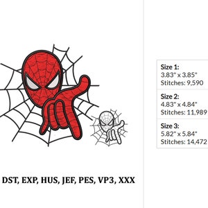 May include: Red and black embroidered design of a superhero's face with a web pattern in the background. The design is available in three sizes: 3.83 inches by 3.85 inches, 4.83 inches by 4.84 inches, and 5.82 inches by 5.84 inches. The design is available in the following formats: ART, DST, EXP, HUS, JEF, PES, VP3, and XXX.