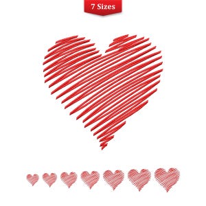 May include: A red heart drawn with lines, a simple design for Valentine's Day or any occasion.  The heart is shown in seven different sizes.