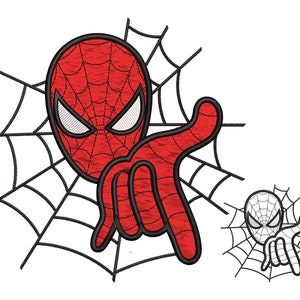 May include: Red and black cartoon Spider-Man pointing with his right hand. He is in front of a black web design.