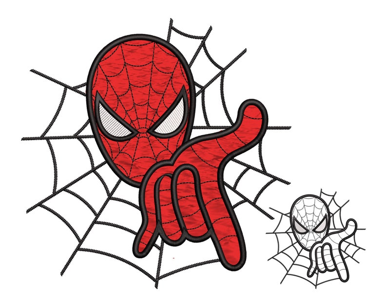 May include: Red and black cartoon Spider-Man pointing with his right hand. He is in front of a black web design.