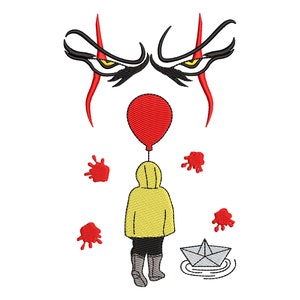 Halloween Horror Face Embroidery Designs, You&#39;ll Float Too Dancing Clown with Balloon Digital Machine Embroidery Files Design, - 4 Sizes