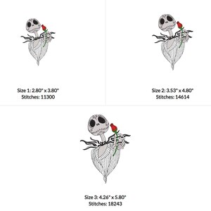 May include: Black and white embroidery design of a skeleton holding a red rose. The design is available in three sizes: 2.80 inches by 3.80 inches, 3.53 inches by 4.80 inches, and 4.26 inches by 5.80 inches.