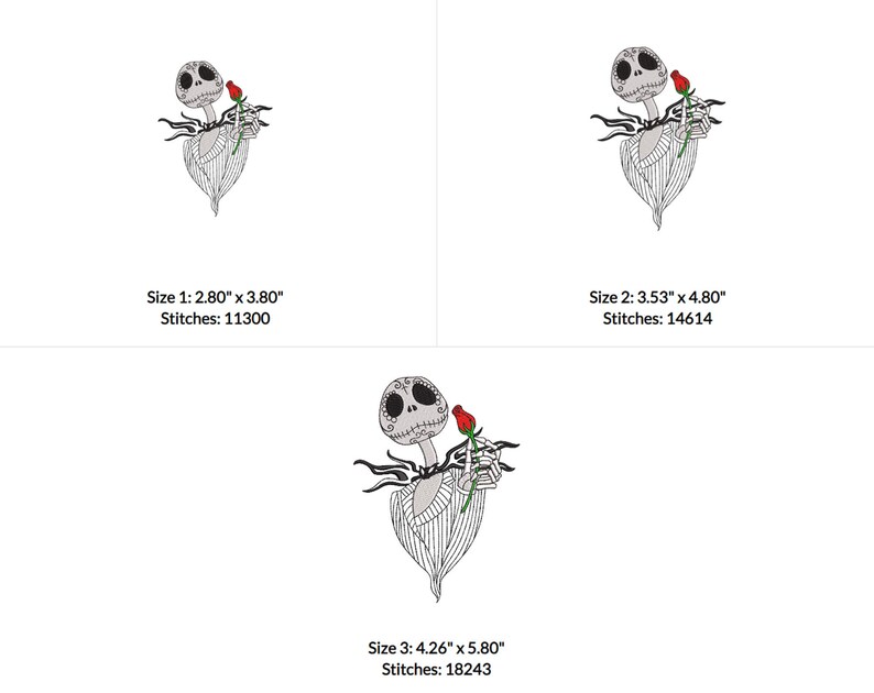 May include: Black and white embroidery design of a skeleton holding a red rose. The design is available in three sizes: 2.80 inches by 3.80 inches, 3.53 inches by 4.80 inches, and 4.26 inches by 5.80 inches.