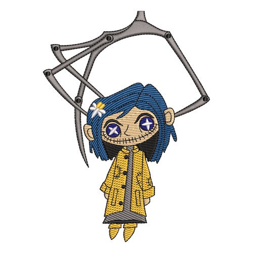 Halloween Stickmuster, Hexe Mädchen mit Knopf Augen Stickmuster, Hexe mit schwarzer Horror Katze und Schlüssel Stickdateien - 3 Größen