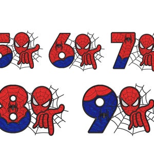 Birthday Number Embroidery Design, Comic Superhero Applique Embroidery Design, Spider Birthday Set Numbers Machine Digital Embroidery Design