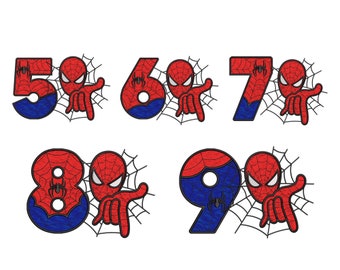 May include: Red and blue numbers 5, 6, 7, 8, and 9 with a spider-man character in a web design.