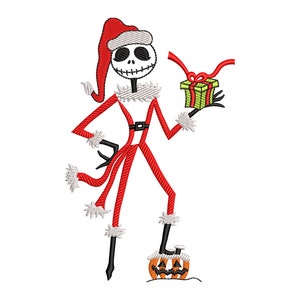 May include: A red and white Santa Claus costume with a black skeleton face and a green gift box. The figure is standing on a jack-o-lantern.