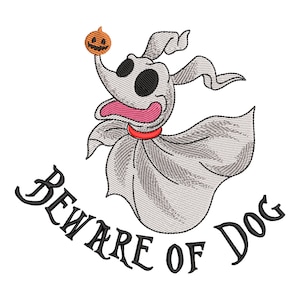 May include: A black and white cartoon ghost dog with a red collar and a pumpkin in its mouth. The text "Beware of Dog" is written in a black cursive font below the ghost.