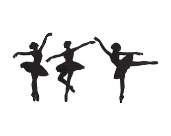 May include: Silhouettes of three ballerinas in black, each wearing a tutu and posed in a different ballet position.