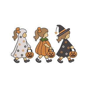 May include: An embroidery design featuring three children walking in a row. The first wears a white ghost costume with orange and black stars, the second a pumpkin costume, and the third a black witch costume with a hat. Each carries a jack-o'-lantern.