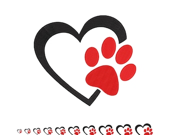 May include: Black heart outline with a red paw print inside. The paw print has a textured design. The image includes the text "10 Sizes".
