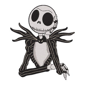 May include: Black and white embroidered image of Jack Skellington, the Pumpkin King from The Nightmare Before Christmas, wearing his signature striped suit and looking thoughtful.