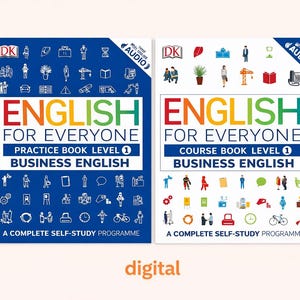 以下が含まれることがあります： 「English for Everyone」というタイトルの2冊の英語学習本で、「Business English」というテキストがあります。本は白と青で、カラフルなテキストとイラストが描かれています。「Practice Book Level 1」と「Course Book Level 1」という言葉も表示されています。「digital」という言葉が一番下にあります。