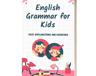 Puede incluir: Una portada de libro con el título "English Grammar for Kids" en texto azul. La portada presenta un fondo rosa con un patrón de cuadrícula e ilustraciones de un niño y una niña en un aula.