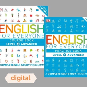 Puede incluir: Dos libros azules y amarillos con el título "English for Everyone" y las palabras "Course Book" y "Practice Book". Ambos libros son de nivel 4, avanzado, e incluyen audio.