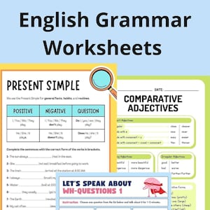 May include: Two worksheets for learning English grammar. The first worksheet focuses on the present simple tense with examples of positive, negative, and question forms. The second worksheet focuses on comparative adjectives with examples of regular and irregular adjectives.