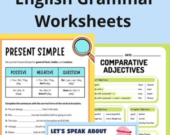 Comprehensive English Grammar Worksheets| Lesson materials|  English Verb Tenses, Adjectives & Articles| ESL Kids Learning Resources