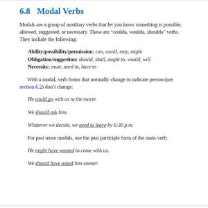 May include: A page from a textbook about English grammar, focusing on modal verbs. The text explains the different types of modal verbs, including ability, possibility, permission, obligation, suggestion, and necessity. Examples of modal verbs in sentences are provided.